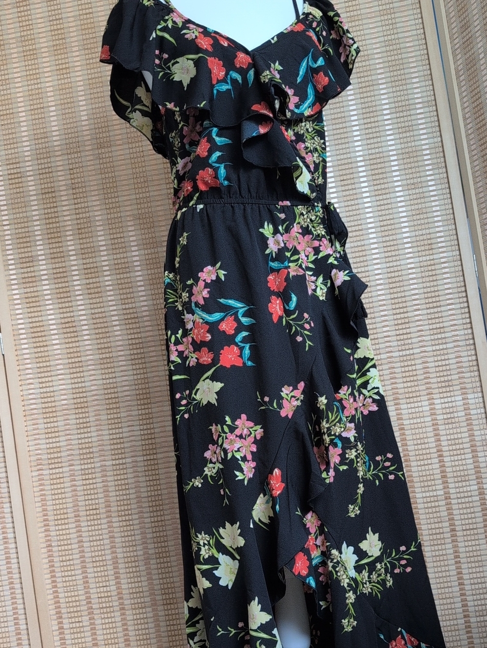 Indulge Black Floral Ruffle Maxi Wrap Off Shoulder Dress